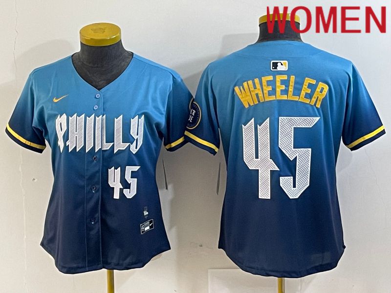 Women Philadelphia Phillies #45 Wheeler Blue City Edition Nike 2024 MLB Jersey style 4->->Women Jersey